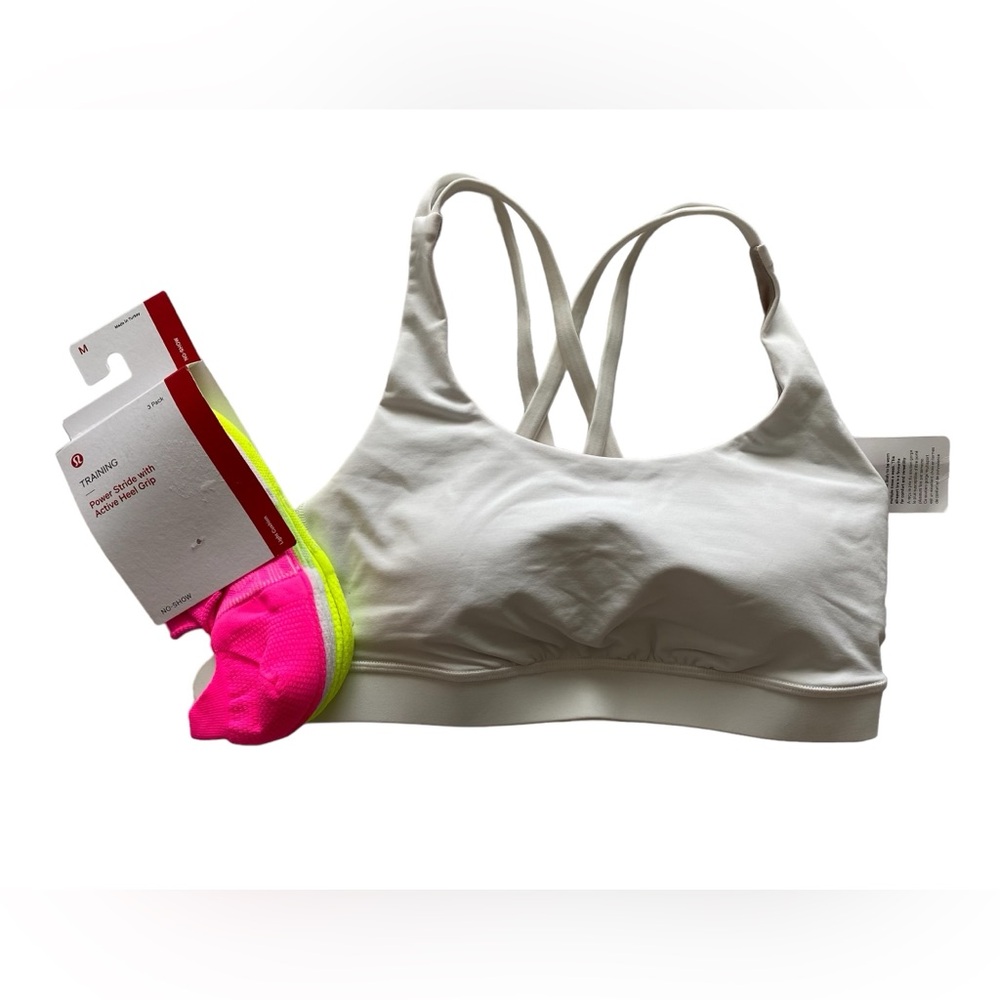 Lululemon Energy Sports Bra White Size 6 Power Stride Active Heel Grip Socks NWT